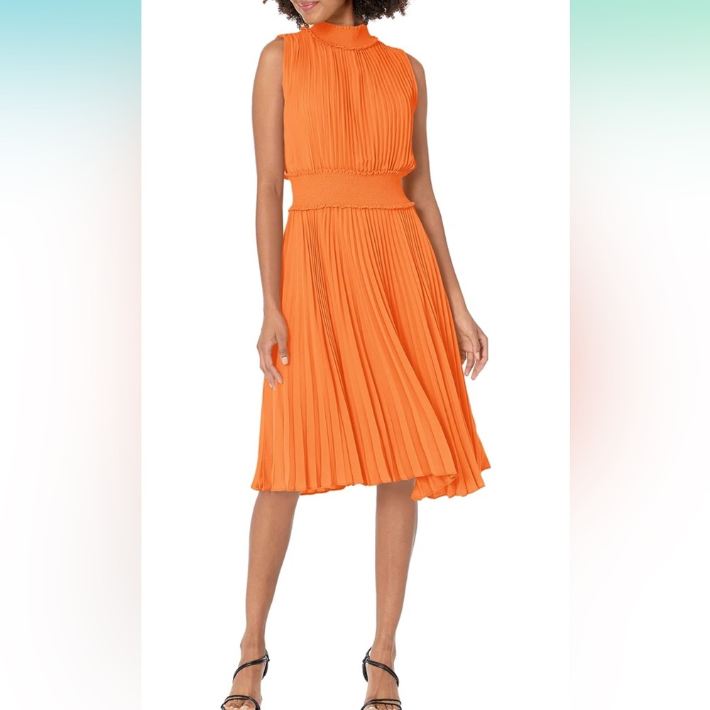 Nanette Lepore •Women's Smocked High Neck Pleated Dress•Size 4• NWT• Vivid Coral